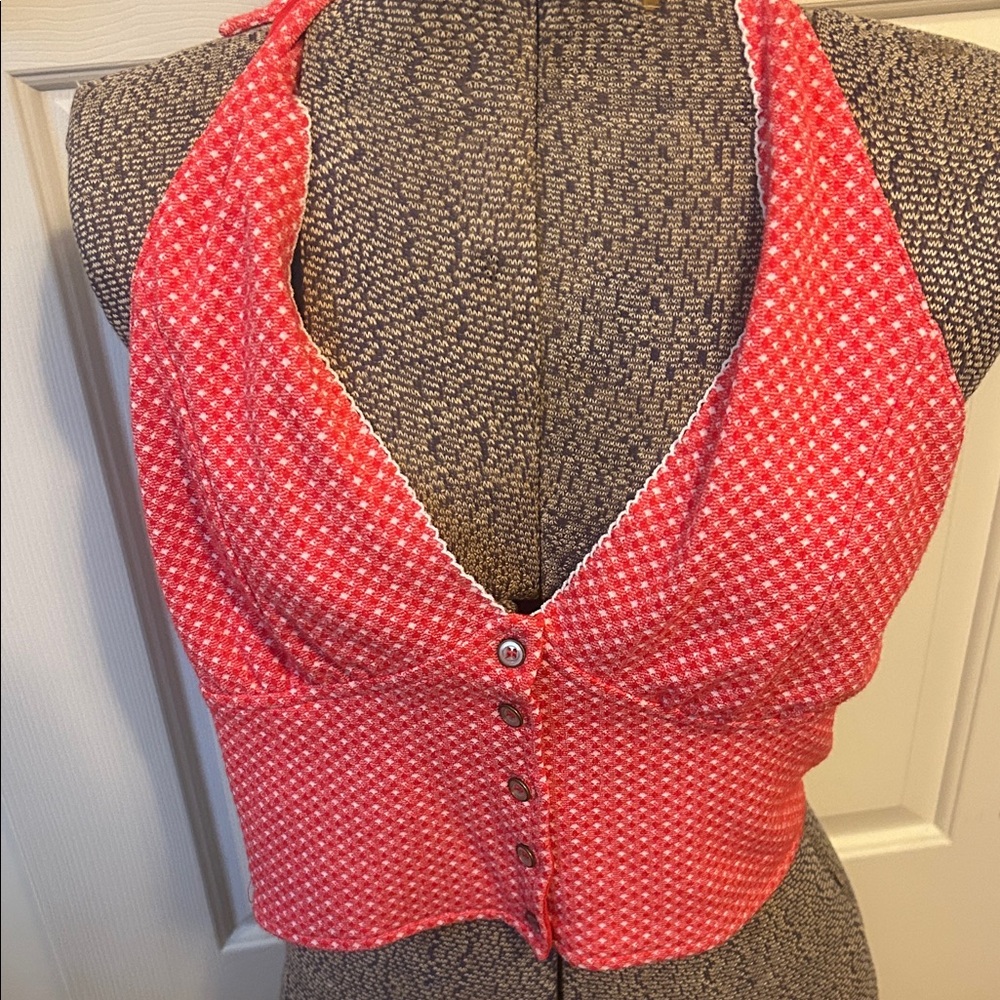 Free People Red Halter Crop Top with White Dot Trim
